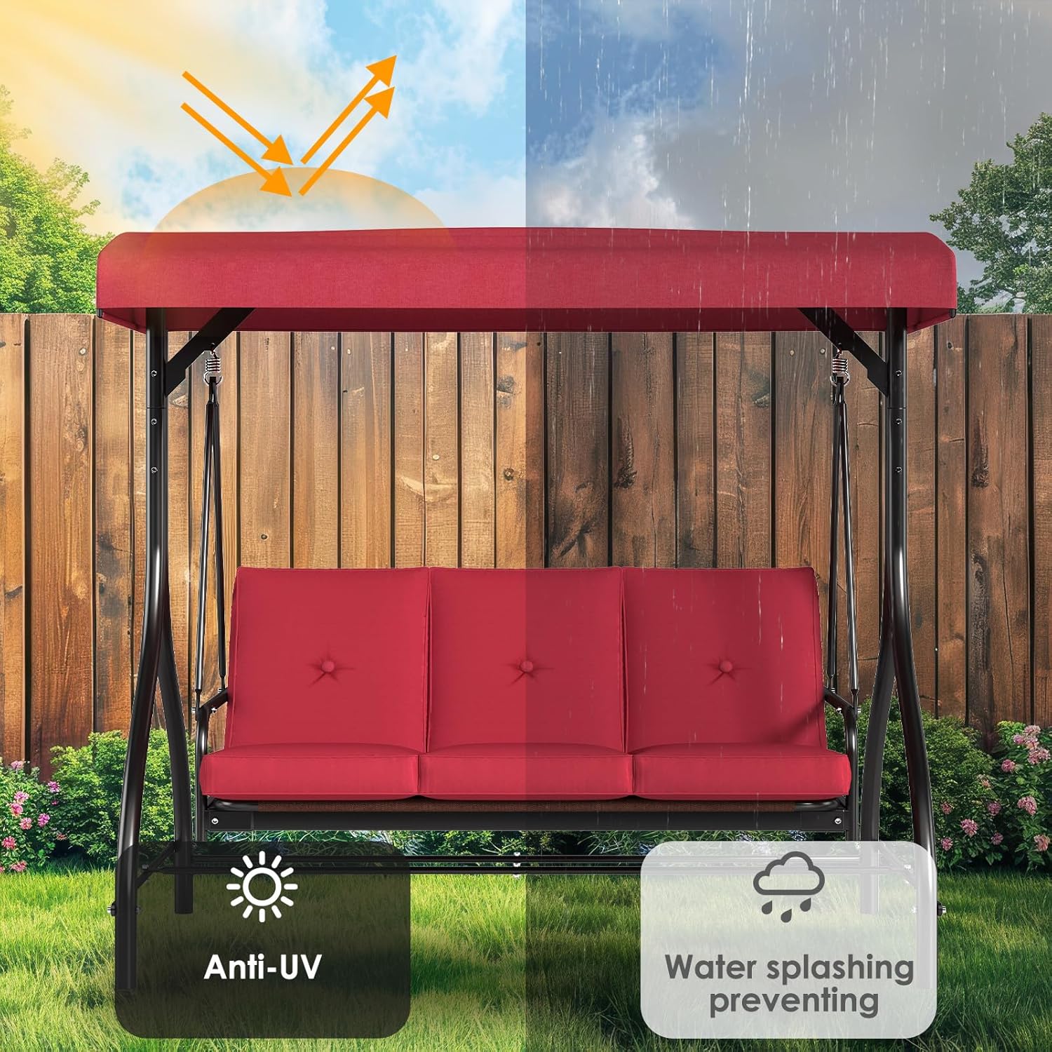 TLSUNNY 3-Seat Outdoor Patio Porch Swing with Adjustable Canopy & Backrest, Convertible Glider Bed with Stand, Removable Seat Cushion, 45° Tilt Adjustment for Backyard, Poolside, Balcony - 750LBS-VerdiqueGarden