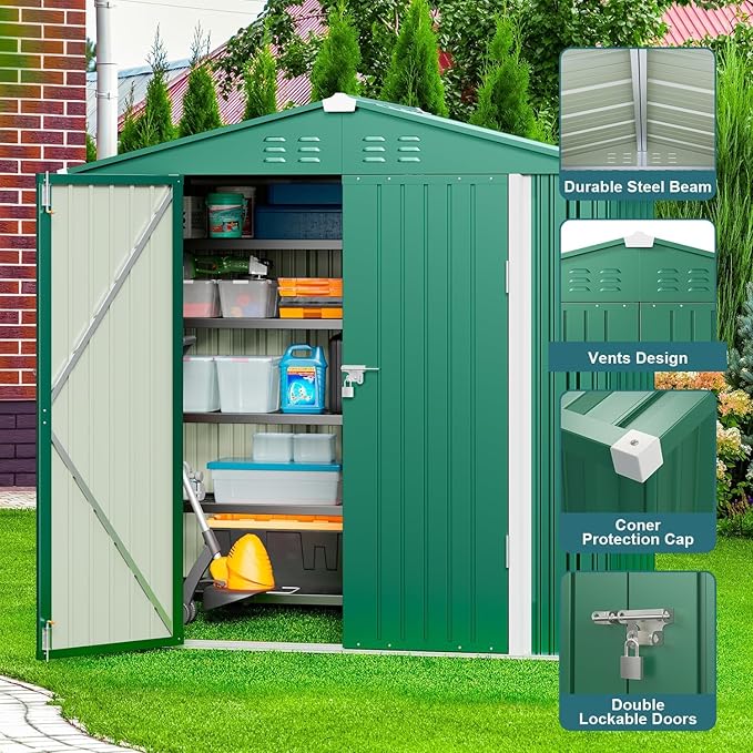Gizoon Outdoor Storage Shed 6 x 4 FT, Galvanized Metal Garden Shed with Double Lockable Doors, Outdoor Storage Clearance for Backyard Patio Lawn-Green-VerdiqueGarden