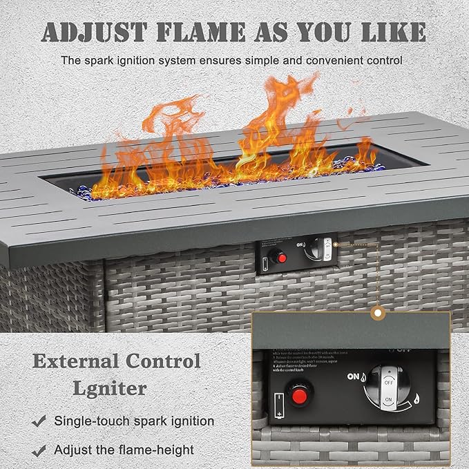 Propane Fire Pit Table,44 Inch 55000 BTU Outdoor Gas Fire Pit Rectangular with Glass Wind Guard for Outside Patio Deck (Gray-Aluminum Top)-VerdiqueGarden