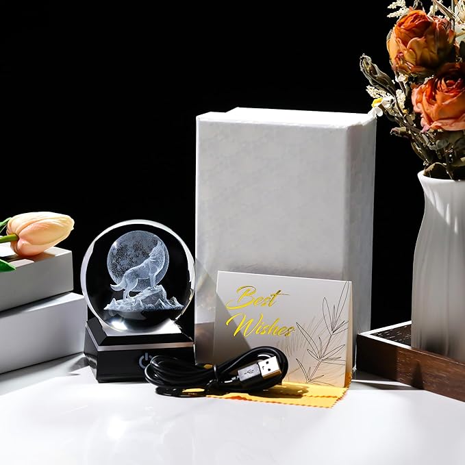 Qianwei Wolf Gifts: 3D Crystal Ball - 3.14'' Laser Decor Glass Animals Figurines Statue & Night Light-VerdiqueGarden