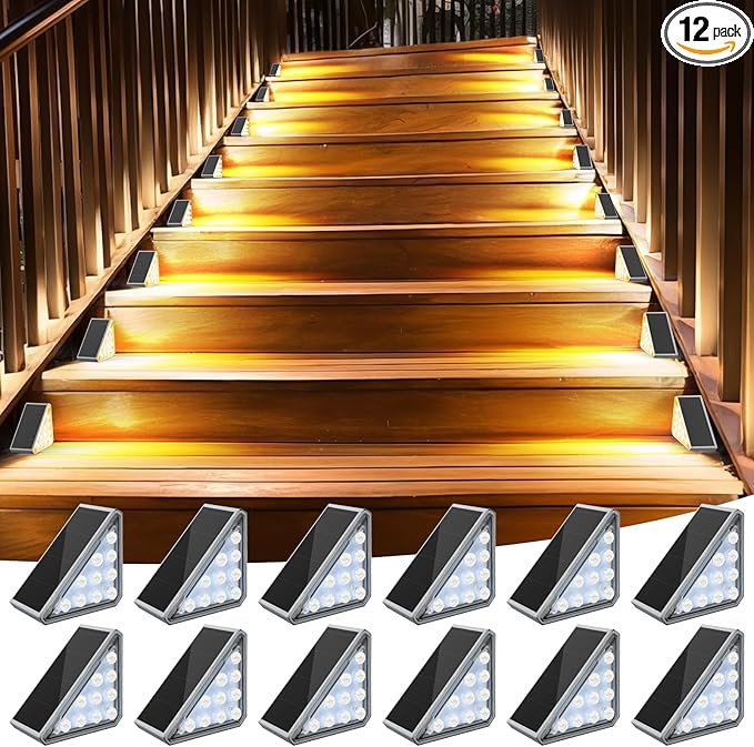 12 Pack Solar Stair Lights Outdoor Stair Lights with Waterproof IP67 LED Solar Light for Outside Light Decor for Stair, Deck, Front Step, Front Porch, Patio, Garden and Backyard-VerdiqueGarden