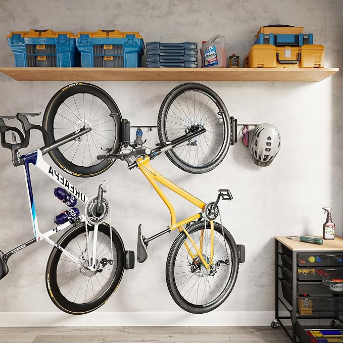 monTEK Swivel Bike Wall Mount, Bike Hangers for Garage, Bike Wall Mount with Two Extra Storage Hooks, Bike Hanger Wall Mount for Space Saving, Bike Rack Garage Holds Up to 77 lbs-VerdiqueGarden