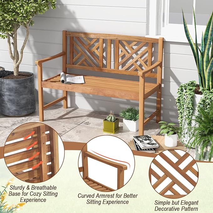 Giantex Outdoor Wooden Garden Bench - 2-Person Acacia Wood Loveseat with Armrests, Backrest, 800lbs Capacity, Patio Park Bench for Backyard, Front Porch Bench (Non-Foldable)-VerdiqueGarden