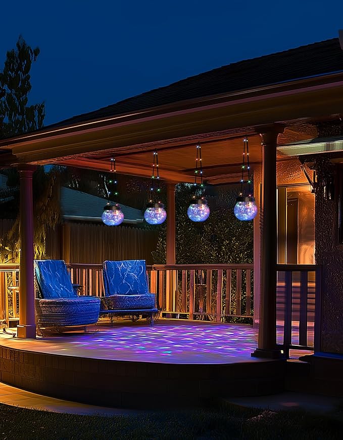 PARTPHONER Solar Lantern Solar Lights Outdoor Waterproof 6-Pack, Solar Powered Hanging Lights Cracked Glass Hanging Globes for Christmas Decoration, Shepherd Hook, Garden Tree Ornaments, Multi-Color-VerdiqueGarden