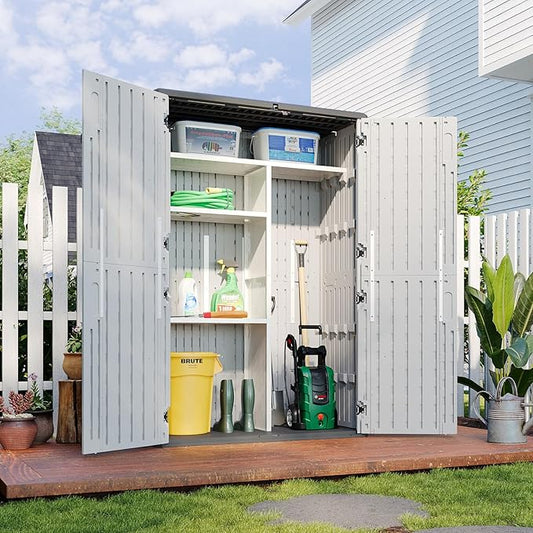 Aoxun Outdoor Resin Storage Shed with Metal Shelving Kit & Floor, 64 Cu.Ft Vertical Waterproof Storage Cabinet for Garage, Pool, Bike, Garden Tools, Patio Furniture (White)-VerdiqueGarden