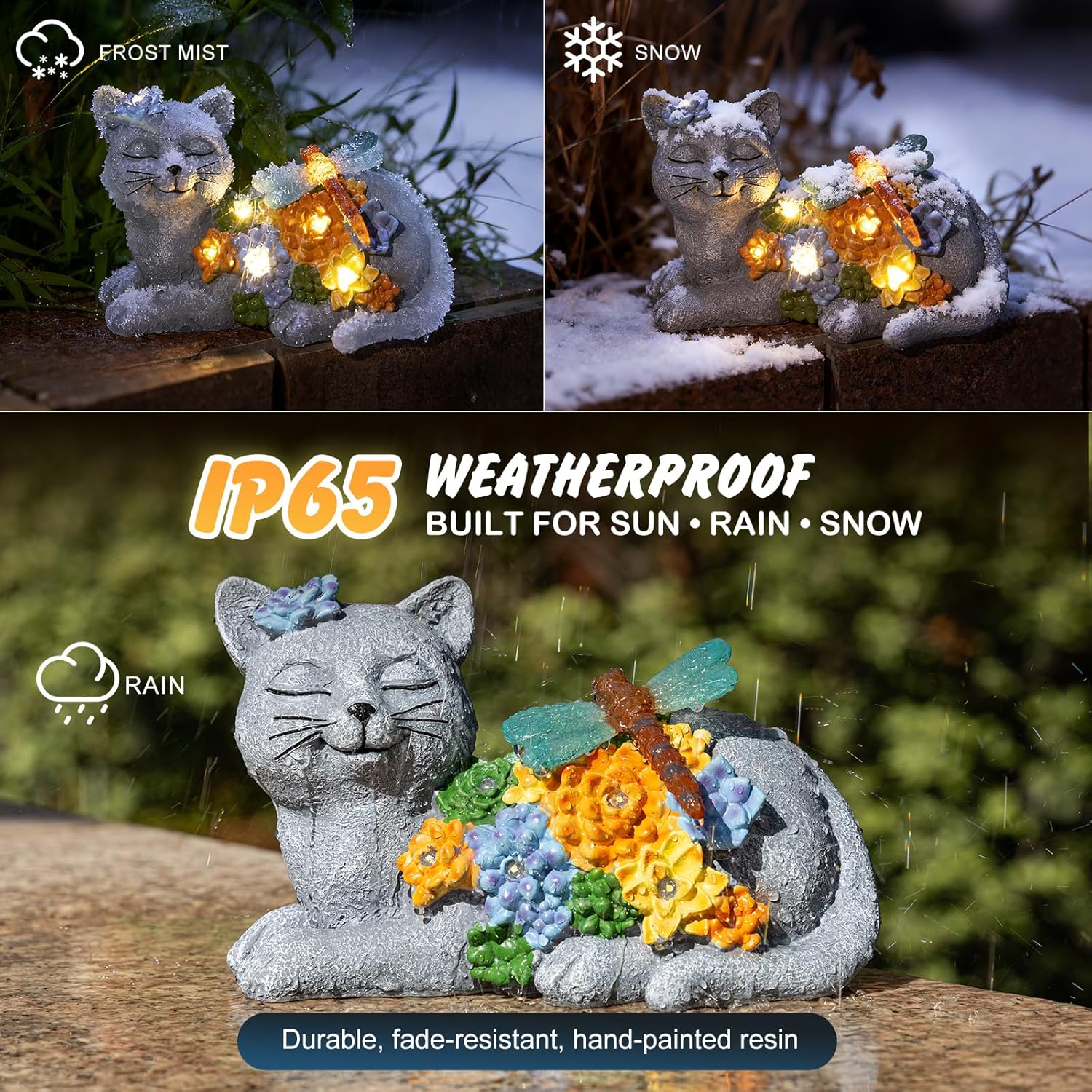 Solar Cat Garden Statue - Lying Outdoor Figurine with Dragonfly & Flower LEDs, Upgraded 2.0 Solar, Auto On/Off, IP65 Waterproof Hand-Painted Resin, Garden Decor, Gift for Cat Lovers, Mom, Grandma-VerdiqueGarden