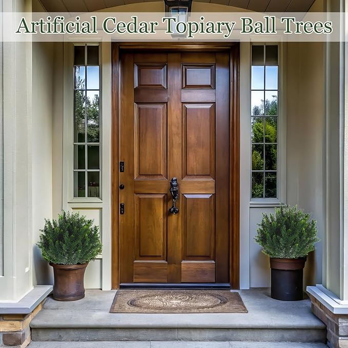 Yunlly 4 Pcs Artificial Cedar Topiary Ball Fake Tree 18" Bush Front Porch Decor Artificial Shrubs for Outdoors Faux Cypress with Ground Spike, Evergreen Plants for Indoor Garden Patio, UV Resistance-VerdiqueGarden