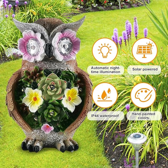 Owl Garden Statue,Solar Garden Statues with Flower LED Lights, Resin Owl Figurine for Lawn Patio Porch Yard Deco Gifts for Women/Mom/Grandma-VerdiqueGarden