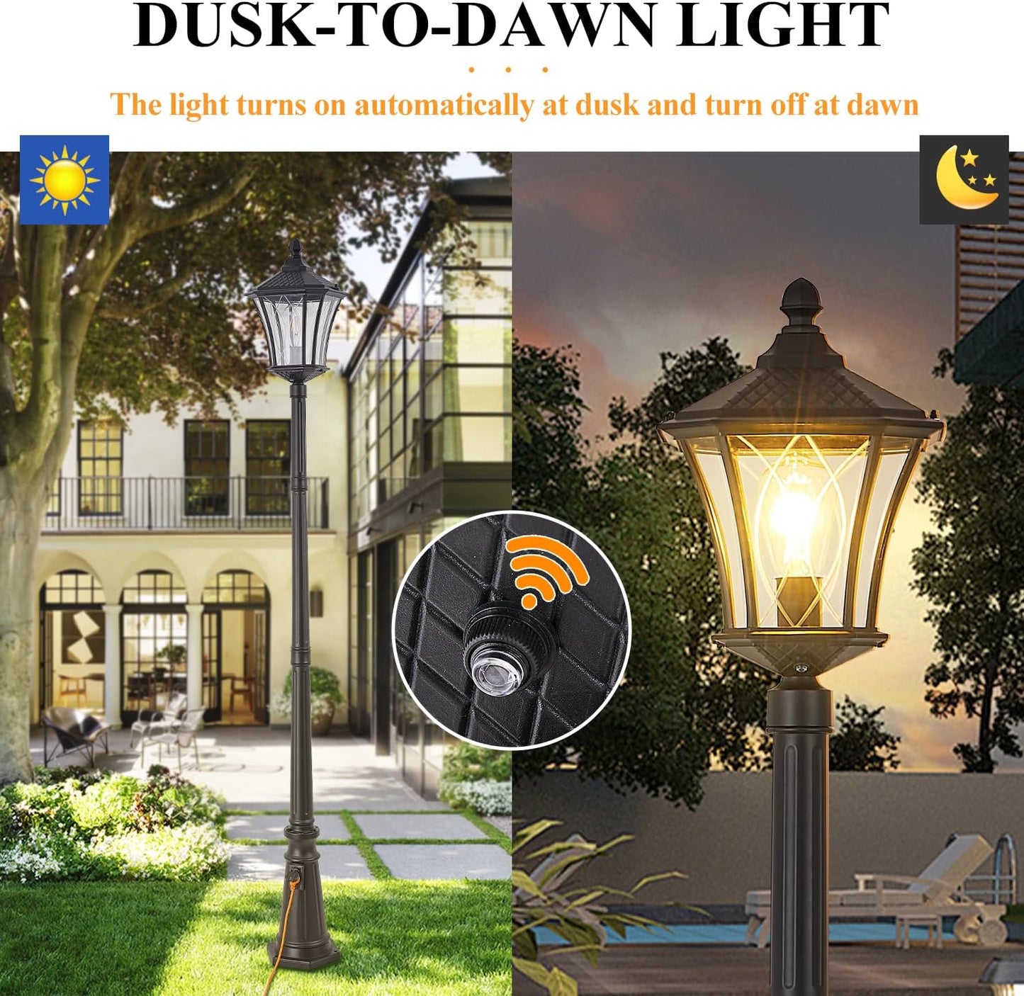 Outdoor Lamp Post Lights with Outlet, Dusk to Dawn Pole Lamp with Patterned Glass, Aluminum Waterproof Outside Street Lights, Hardwired Black Light Pole for Backyard, Garden, Driveway-VerdiqueGarden