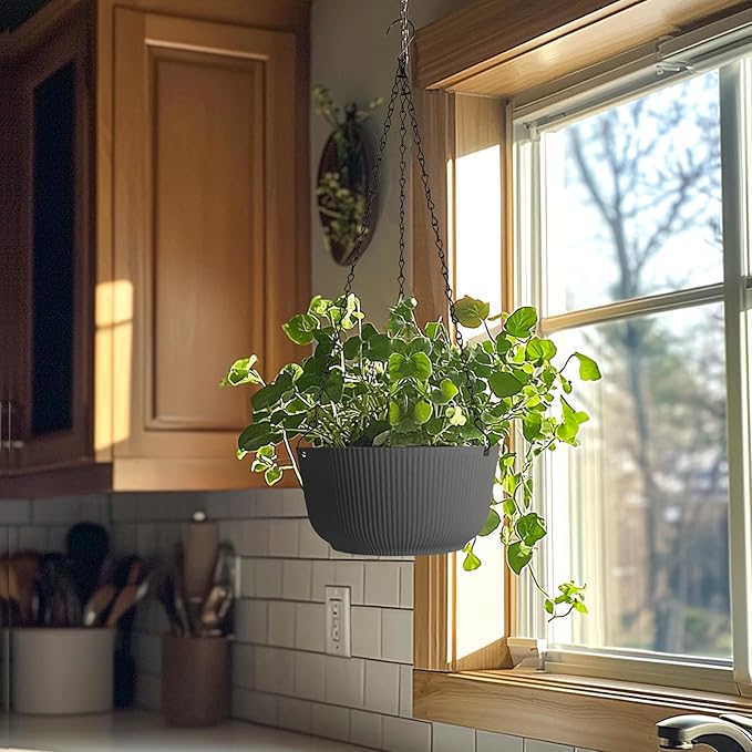 T4U 8 Inch Hanging Planters for Indoor Outdoor Plants, Self Watering Hanging Pot Pack of 2, Hanging Pots with Drainage Hole & Plug & Chain with 3 Hooks for Garden Home Decor, Grey-VerdiqueGarden