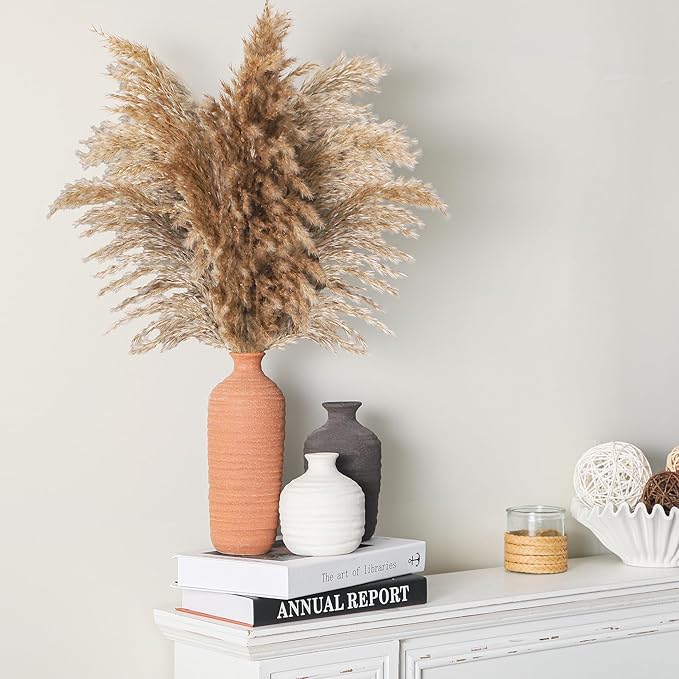 Ceramic Vase Set of 3 Neutral Decorative Vase for Farmhouse, Boho, or Rustic Home Decor Pottery Vases for Pampas Grass Living Room Bedroom Table Mantel Entryway Shelf (01-Brown)-VerdiqueGarden