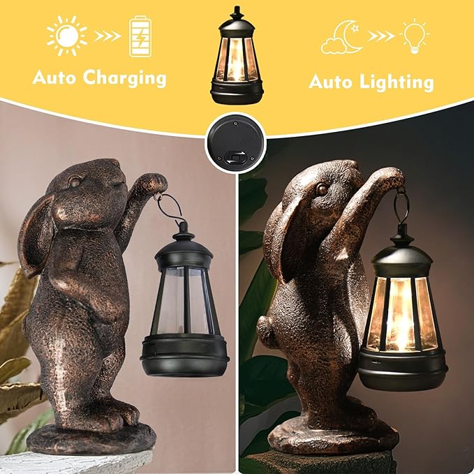 Garden Statues Rabbit with Solar Lantern,Lawn Garden Decor Outdoor Statue for Patio, Balcony, Yard Ornament,Ideal Rabbit Housewarming Gifts & Birthday Gifts for Grandma Mom Women-VerdiqueGarden