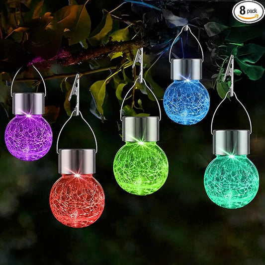 Solar Lights Outdoor Hanging Decorative Globe 8 Pack, Waterproof Solar Lantern with Handle and Clip, Solar Powered Glass Ball Lights for Garden Yard Fence Tree Umbrella Holiday Décor, Color Changing-VerdiqueGarden
