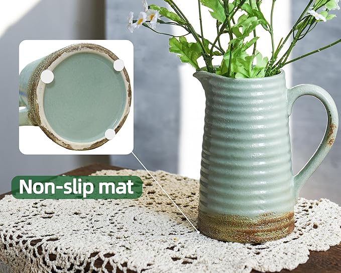 Quoowiit Ceramic Rustic Vase with Handle, Green Distressed Decorative Farmhouse Pitcher Vase for Home Decor Living Room Bedroom Kitchen Office Shelf Decor Centerpiece Table Decoration-VerdiqueGarden