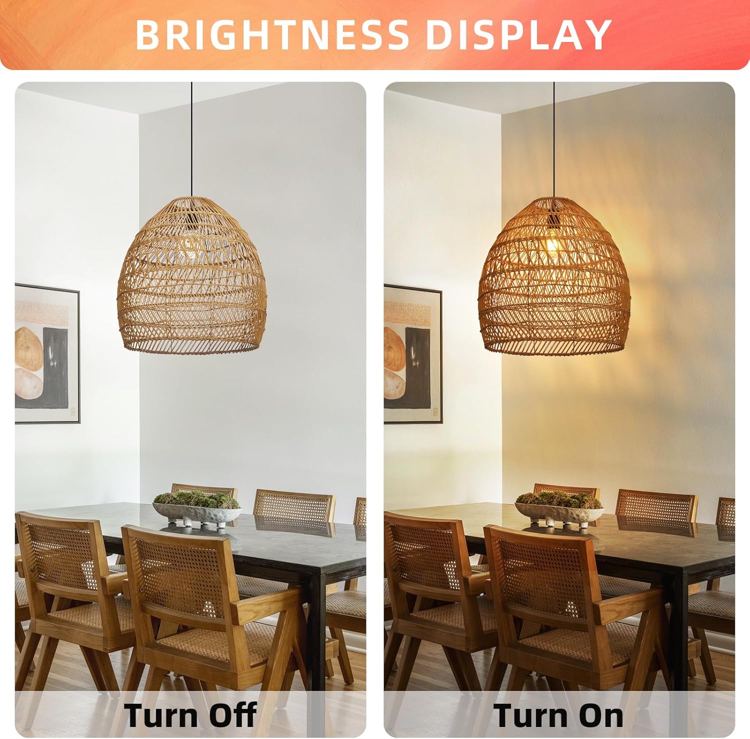 Arturesthome Boho Chandelier Rattan Pendant Light,19.6” Large Wicker Pendant Light Fixtures,Basket Hand Woven Hanging Lamp for Dining Room Living Room Kitchen Foyer-VerdiqueGarden