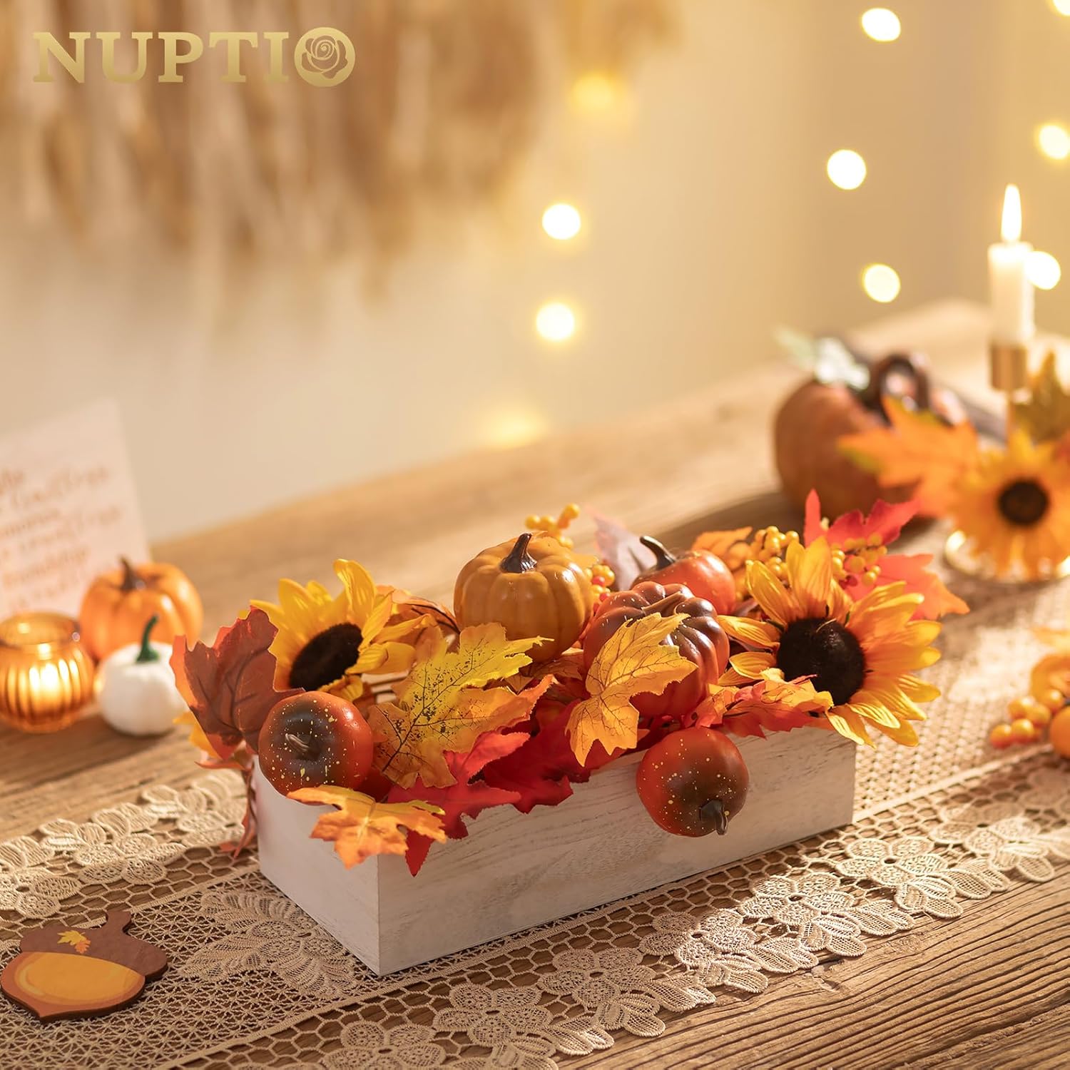 NUPTIO Wooden Box Centerpiece for Table: 2 Pcs 11.8" Long Wood Rectangle Planter Boxes - Farmhouse Washed White Planters for Fall Wedding Dining Living Room Window Mantel Table Decor-VerdiqueGarden