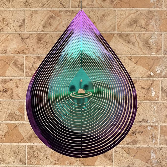 Wind Spinner Garden Indoor Outdoor Decor 3D Stainless Steel Metal Hanging Decorations, 3D Water Droplets Pattern Metal Wind Sculptures & Spinners Whirligig Gifts with 12inch(Green&Purple)-VerdiqueGarden