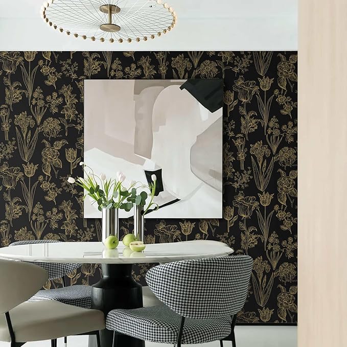 Dimoon 393"x17.3" Floral Wallpaper Peel and Stick Flowers Golden Black Contact Paper Thicken Waterproof Modern Self Adhesive Plants Wallpaper Removable Wall Paper Shelf Vinyl Roll-VerdiqueGarden