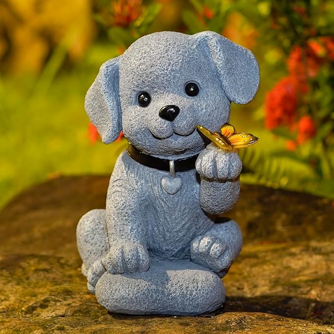Solar Dog Statue Garden Decor with Butterfly Light – Waterproof Outdoor Yard Art for Patio, Lawn, Balcony for Mother’s Day, Father’s Day, Housewarming, Mom, Dad, Grandma, Men, Women-VerdiqueGarden