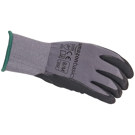 Amazon Basics Micro-Foam Nitrile Coated Work Gloves, Nylon Liner Fiber, Touch Screen, Size 8/M, 12 Pairs, Grey-VerdiqueGarden