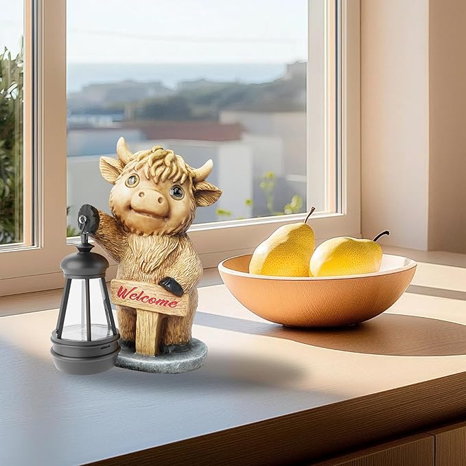 Highland Cow Statues with Solar Lights, Highland Cow Resin Figurine Lights, Highland Cow Ornaments for Patio, Balcony, Indoor Decoration and as Gifts-VerdiqueGarden