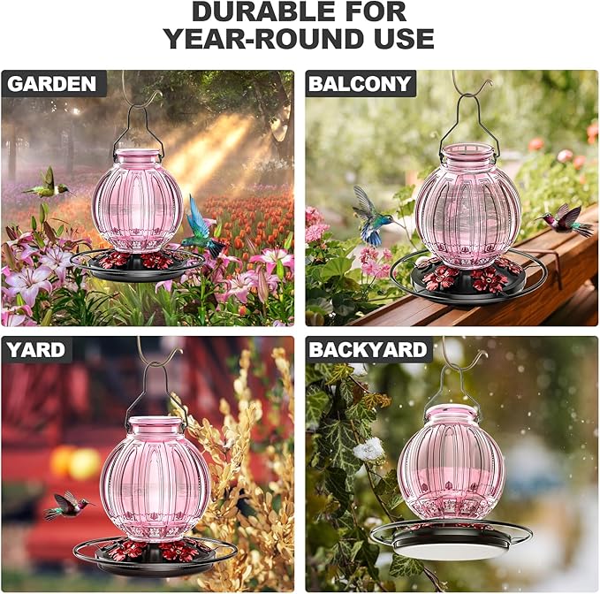Glass Hummingbird Feeder for Outdoors Hanging, Bird Nectar Feeder with Perch & 5 Flower Feeding Ports, 26 Oz Leak Proof for Outside Garden Decor Backyard, Gifts for Women Mom, Pink-VerdiqueGarden