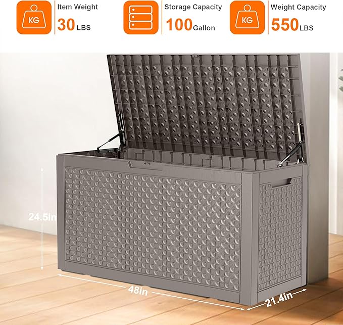 100 Gallon Resin Deck Box, Lockable Outdoor Storage Box for Patio Cushions Storage Furniture,Garden Tools, Pool Supplies, Weatherproof and UV Resistant (Grey L)-VerdiqueGarden