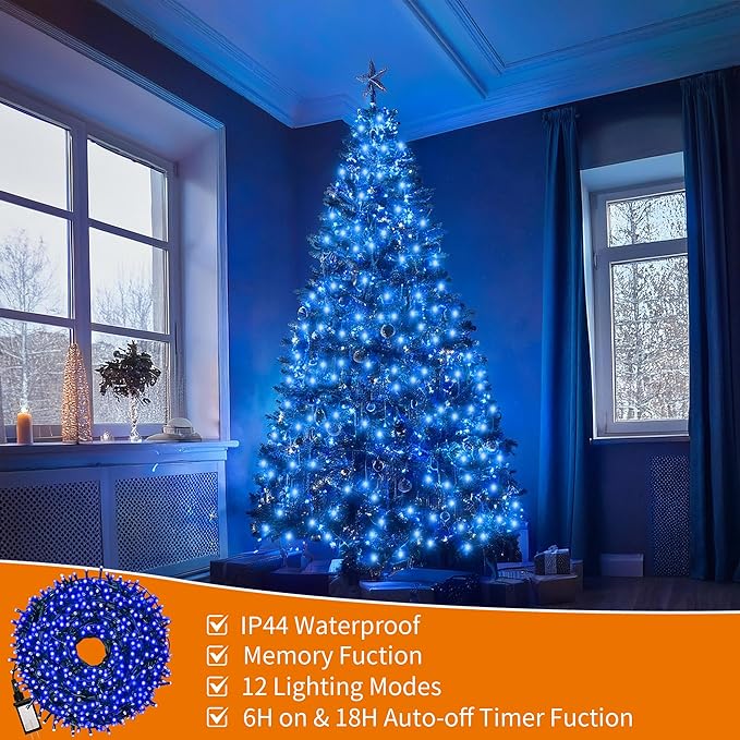 Christmas Tree Light 200 LEDs 73ft Green Cable Wire Fairy String Twinkle Lights Plug in 12 Modes for Xmas Party, Halloween, Outdoor, Garden, Wedding, Home Decoration (Blue)-VerdiqueGarden