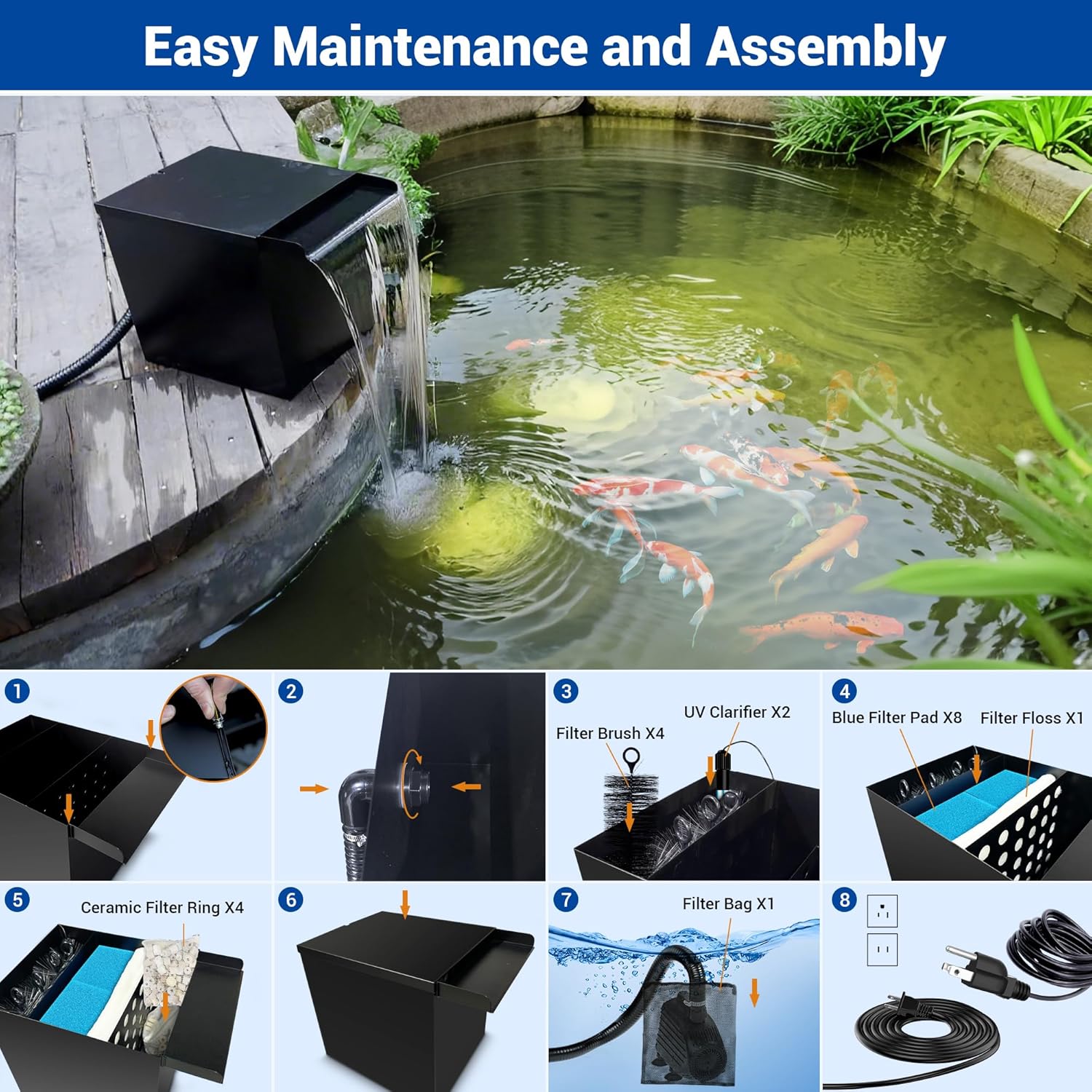 NFESOLAR Large Waterfall Filter System, Pond Filter Waterfall Kit Stainless Steel for Ponds and Streams up to 4,500 Gallons, Includes 5-Stage Filtration System, 1200 GPH Water Pump N4333-VerdiqueGarden