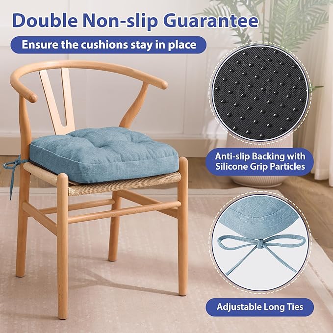 Chair Cushions for Dining Chairs, Dining Chair Cushions, Tufted Indoor Chair Pads with Ties & Non Slip Backing, Seat Cushions for Kitchen Chairs 16.5” x 16.5” x 3.5”, Set of 6, Light Blue-VerdiqueGarden