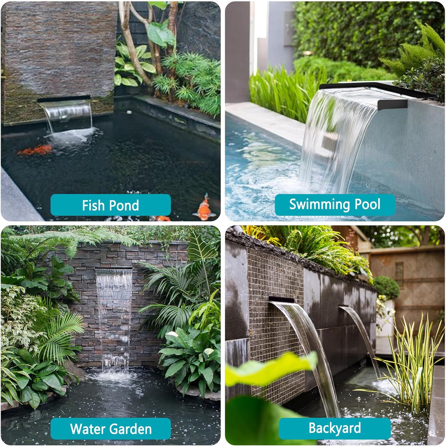 All-in-1 Pond Waterfall Kit with LED Lights, 8 inch Stainless Steel Spillway with 600GPH Water Pump, Outdoor Waterfall Fountain for Water Feature, Garden, Backyard, Pool-VerdiqueGarden