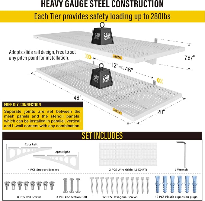 2-Pack 1.64x4ft Adjustable Garage Wall Shelving 560lbs Load Capacity Heavy Duty Wall Mounted Storage Shelf Metal Floating Shelves for Garage(White)-VerdiqueGarden