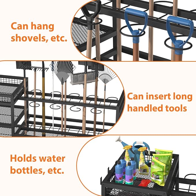 Garden Tool Organizer with Wheels-Movable Garden Tool Rack with Storage Hooks for Long-Handled Tools/Rakes/Brooms/Shovels,Heavy Duty Metal Garden Tool Storage for Garage,Shed,Garden,Black-VerdiqueGarden