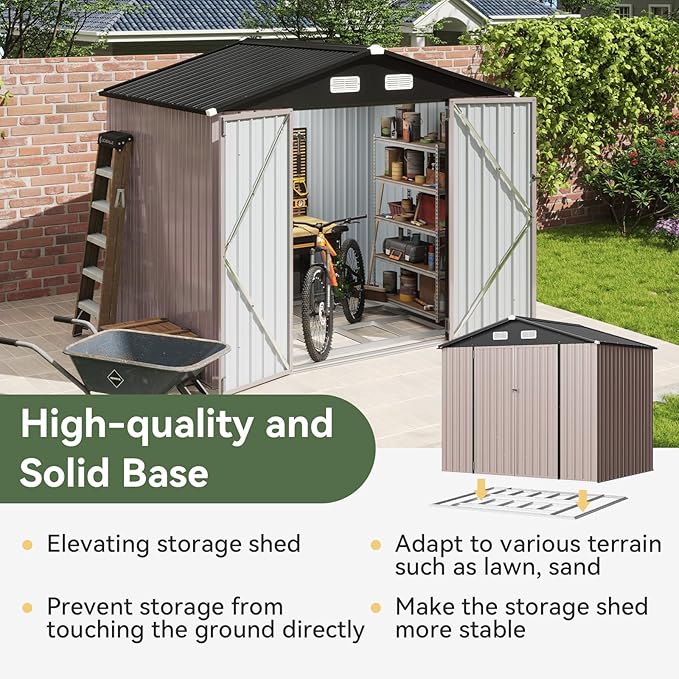 Aoxun 7x5 FT Outdoor Storage Shed with Base Garden Metal Shed with Lockable Door Outdoor Large Shed for Tool, Garbage Can, Bike, Mower, Brown-VerdiqueGarden
