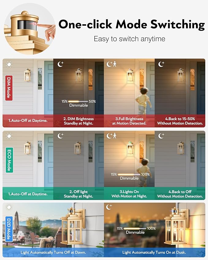 Gold Motion Sensor Outdoor Lights, Waterproof Exterior Lighting Fixtures, Aluminum Modern Outdoor Wall Lights Exterior, Transparent Glass Outdoor Porch Lights for House, Garden, Yard, E26 Base-VerdiqueGarden