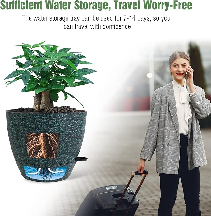 12 inch Large Self Watering Pots, Plastic Planters with 60oZ Removable Deep Reservoir and Multi Mesh Drainage Holes for Indoor Outdoor Garden Plants and Flowers, Black with Green Speckles-VerdiqueGarden