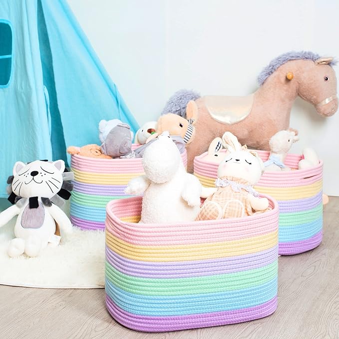 MINTWOOD Design Storage Basket for Shelves, Decorative Baskets for Organizing, Book Basket, Storage Cube Bin Box, Woven Closet Organizer, Pantry Closet and Shoe Basket, Pastel Rainbow-VerdiqueGarden