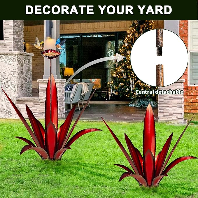Upgraded Large Metal Yard Art, Metal Agave Plant Yard Decorations Outdoor Sculpture, Metal Flowers for Outside, Waterproof Outdoor Garden Decor (Red + Bird Feeder)-VerdiqueGarden
