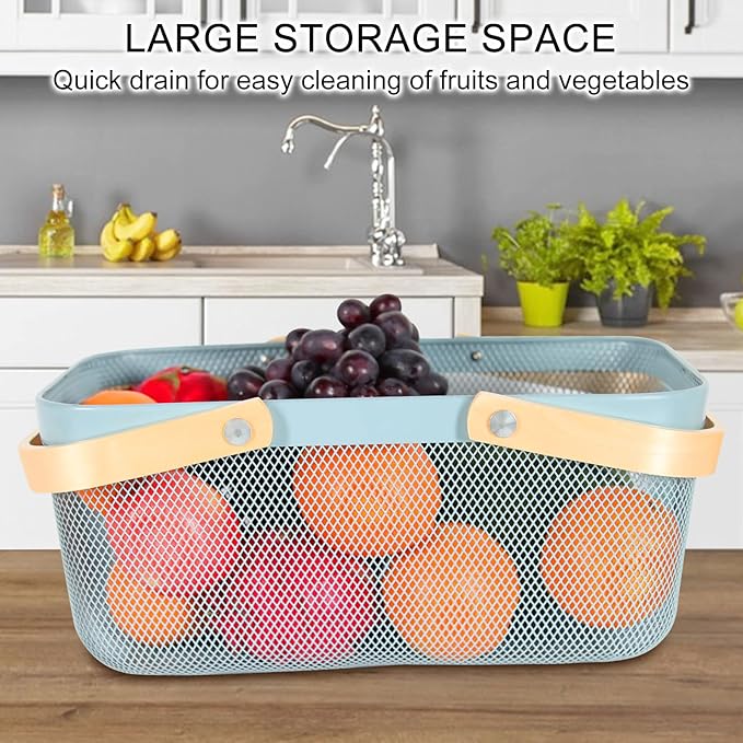 Garden Harvest Basket,Delicate Harvest Basket for Garden Vegetables,Practical Metal Mesh Wire Basket with Handle Suitable for Bathroom,Cabinet,Kitchen(Blue)-VerdiqueGarden