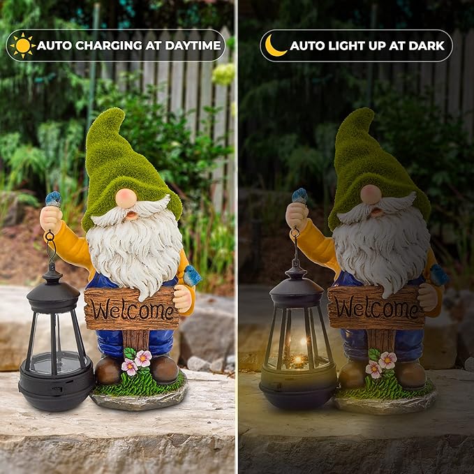 Garden Gnomes Outdoor - Flocked Gnome Statue Holding Lantern with Solar LED Lights | Gnomes Garden Decorations for Patio, Yard, Lawn Ornaments - Gnome Gifts-VerdiqueGarden