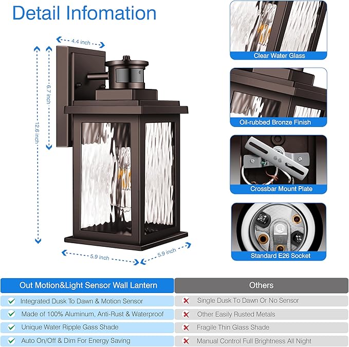 VIANIS Outdoor Motion Sensor Lights for House Oil-Rubbed Bronze, Exterior Waterproof Porch Lights Fixture Wall Mount for House, Aluminum Wall Lantern with Tempered Ripple Glass for Garage Entrance-VerdiqueGarden