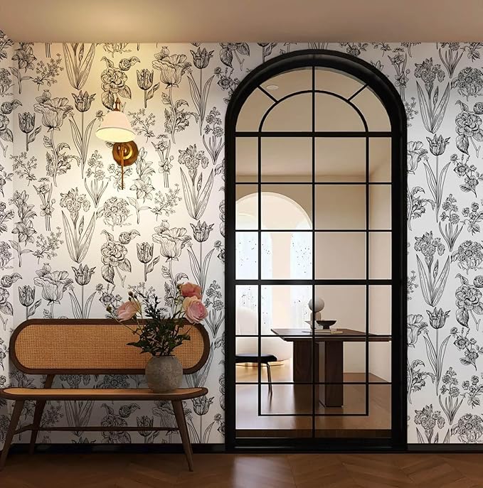 Dimoon 393"x17.3" Floral Peel and Stick Wallpaper White Contact Paper Waterproof Black Lines Wallpaper Vintage Flower Thicken Plant Self Adhesive Removable Wall Covering Shelf Liner Decal Vinyl Roll-VerdiqueGarden