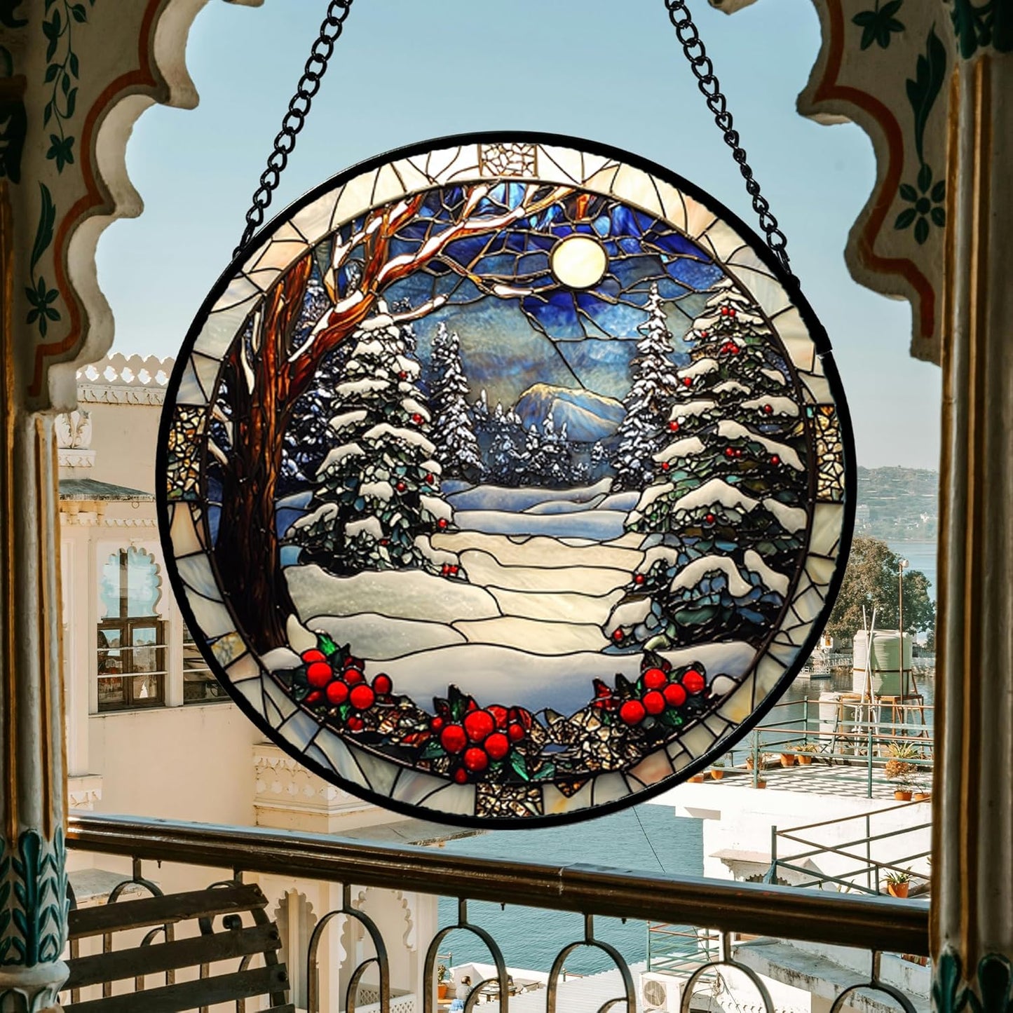 Stained Glass Window Hanging Christmas Tree Winter Snow Night Scenery Large 14.9" - Suncatcher Door Garden Kitchen Sun Catcher Home Decor Birthday for Mom Men Woman Friend-VerdiqueGarden