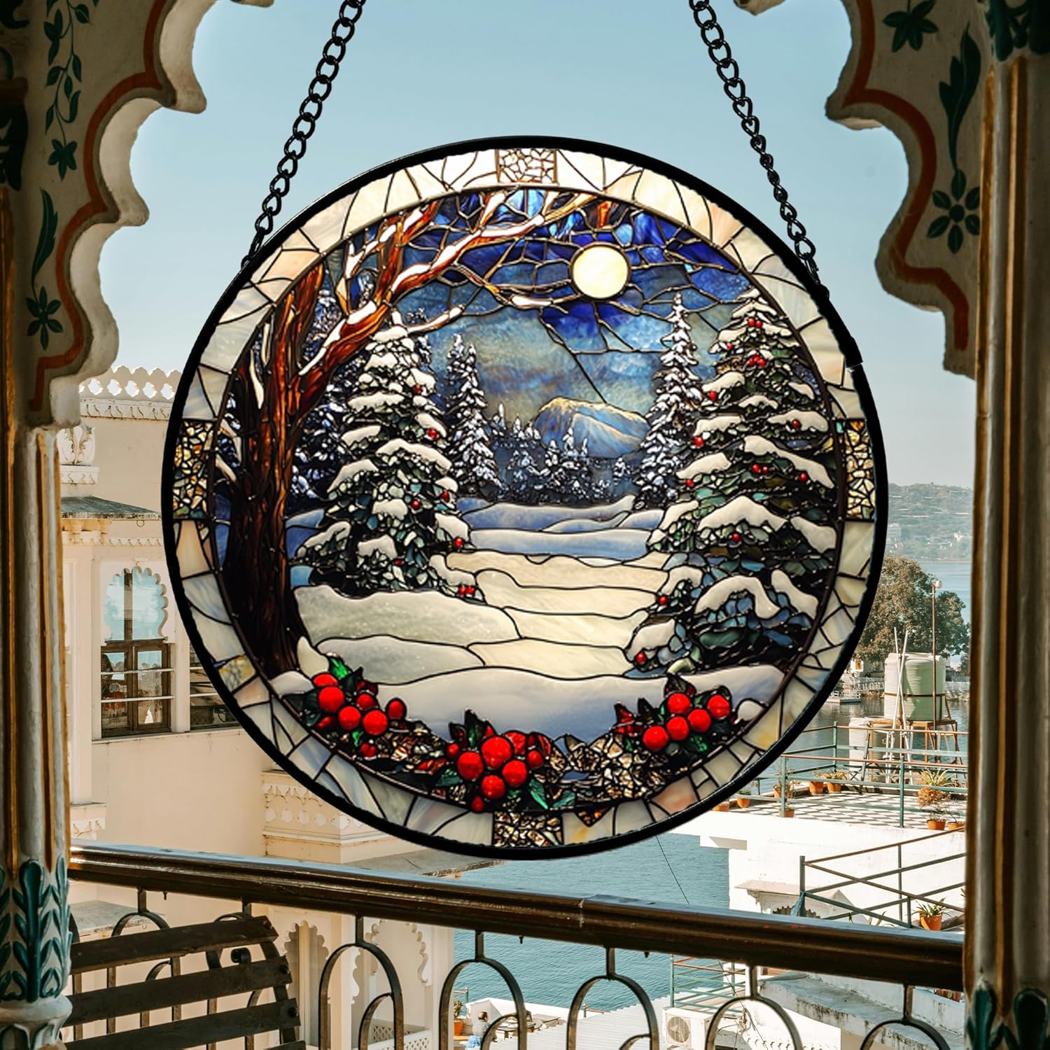 Stained Glass Window Hanging Christmas Tree Winter Snow Night Scenery Large 14.9" - Suncatcher Door Garden Kitchen Sun Catcher Home Decor Birthday for Mom Men Woman Friend-VerdiqueGarden