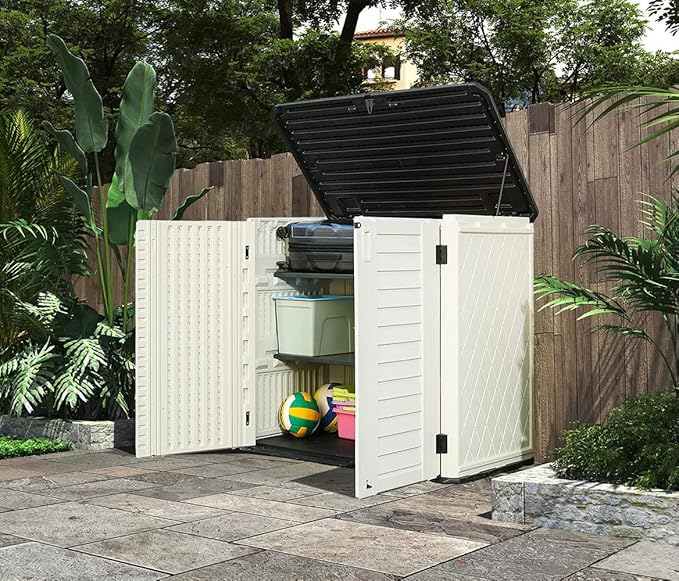 HOMSPARK Storage Shed Weather Resistance, Multi-Purpose Outdoor Storage Cabinet for Backyards and Patios, 26 Cu.ft Capacity Horizontal Storage Shed for Bike, Lawnmower, Trash Cans, Patio Accessories-VerdiqueGarden