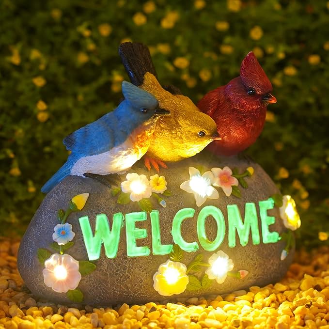 Solar Birds Welcome Sign - Outdoor Bird Decor with Solar LED Lights - Elegant and Charming Figurines for Women, Moms & Garden Enthusiasts-VerdiqueGarden