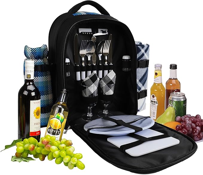 apollo walker Picnic Backpack Bag for 2 Person with Cooler Compartment, Detachable Bottle/Wine Holder, Fleece Blanket, Plates and Cutlery Set-VerdiqueGarden