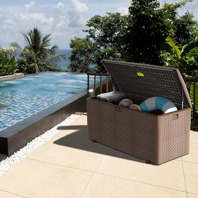 Premium Pro Edition 180 Gallon Lockable Resin Deck Box, Waterproof & UV-Resistant Outdoor Storage Box for Outdoor Cushion Storage, Garden Tools & Pool Accessories Storage, Brown-VerdiqueGarden
