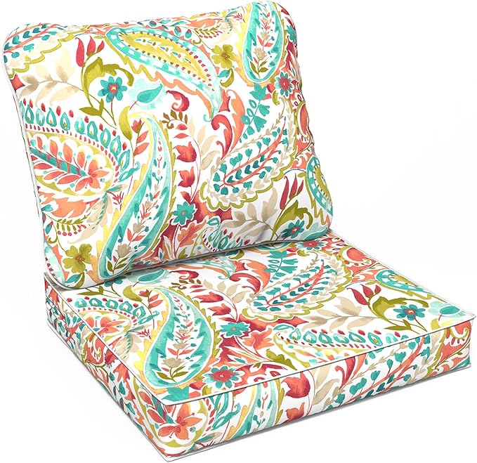 LVTXIII Outdoor Deep Seat Cushion Patio Seat and Back Cushion Set Seasonal Chair Cushion with Removable Cover and Adjustable Buckle for Home and Garden, 22"x22"x4", Pretty Paisley-VerdiqueGarden