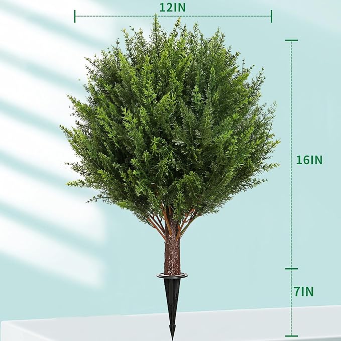 Artificial Cedar Shrub Ball Trees Two 15.8inch with Ground Spikes, can be Planted in The Ground and in pots, Outdoor Artificial Plants Resistant to UV Rays (4pcs)-VerdiqueGarden